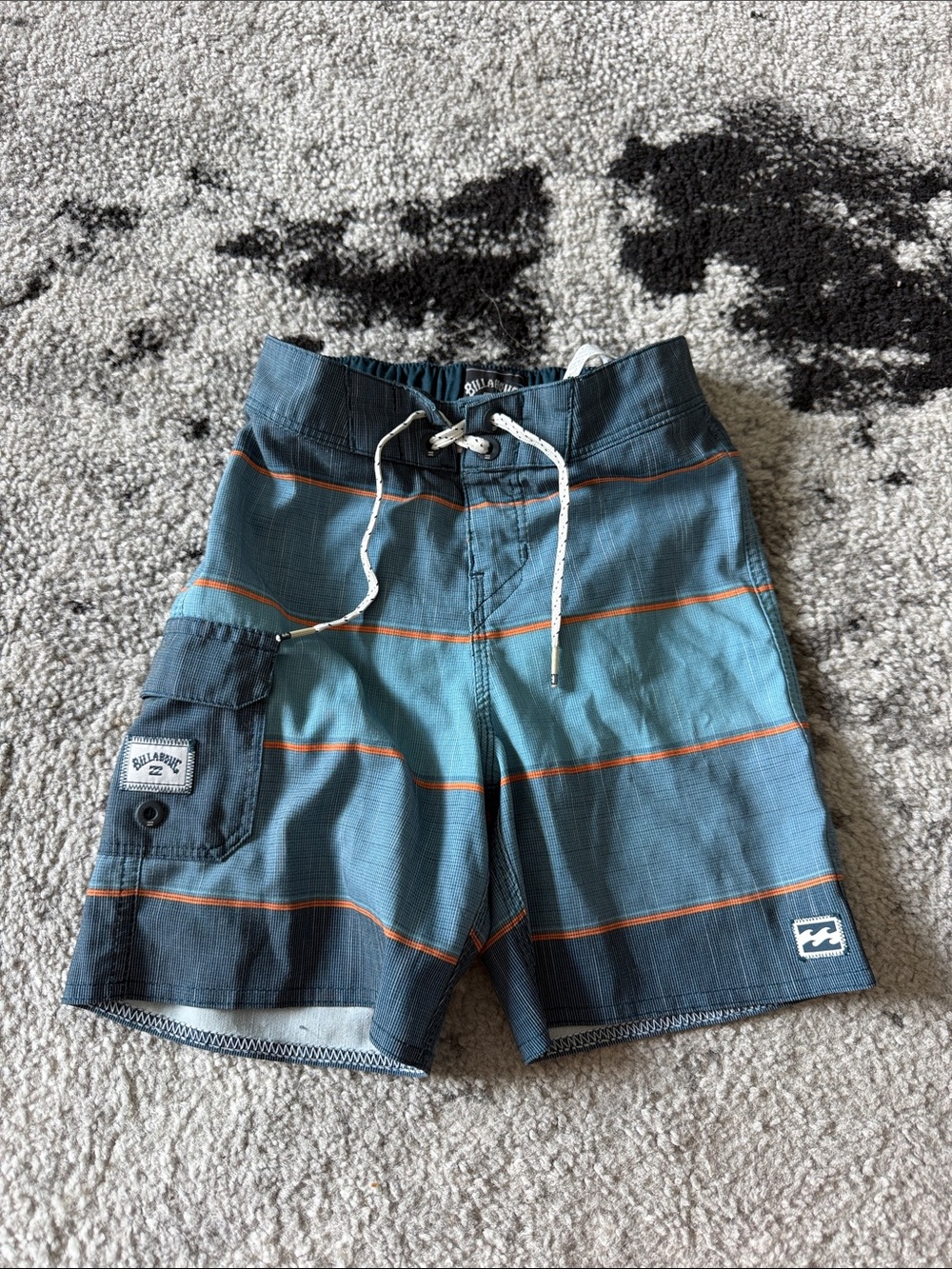 Billabong Blue and Teal Striped Boys' Boardshorts with Orange Accents